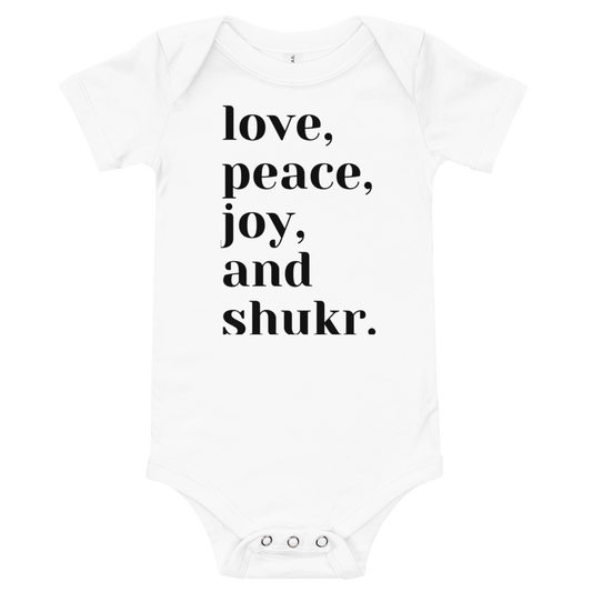 Love Peace Joy and Shukr Baby Onesie Bodysuit